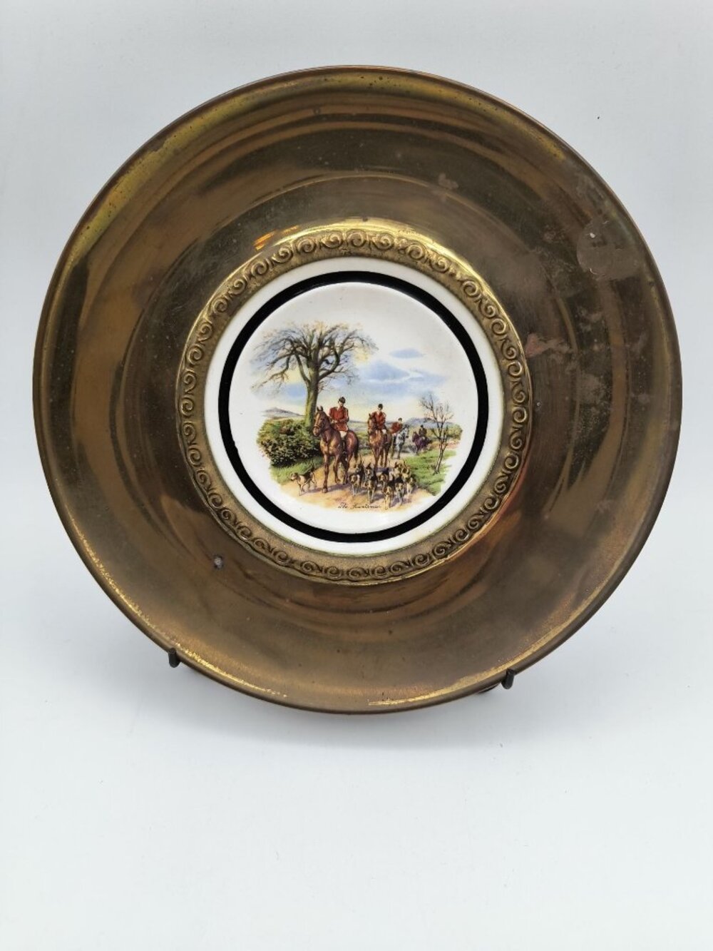 Vintage Regency Bone China Decorative Plate Brass Edge The Huntsman Scene